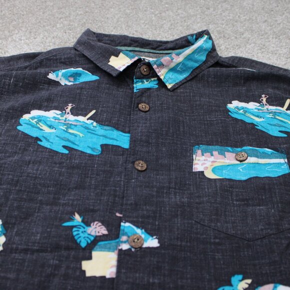 Vissla Waikikooks Shirt Mens XL Black/Blue Beach Print Cotton/Viscose S/S Button - Picture 4 of 14